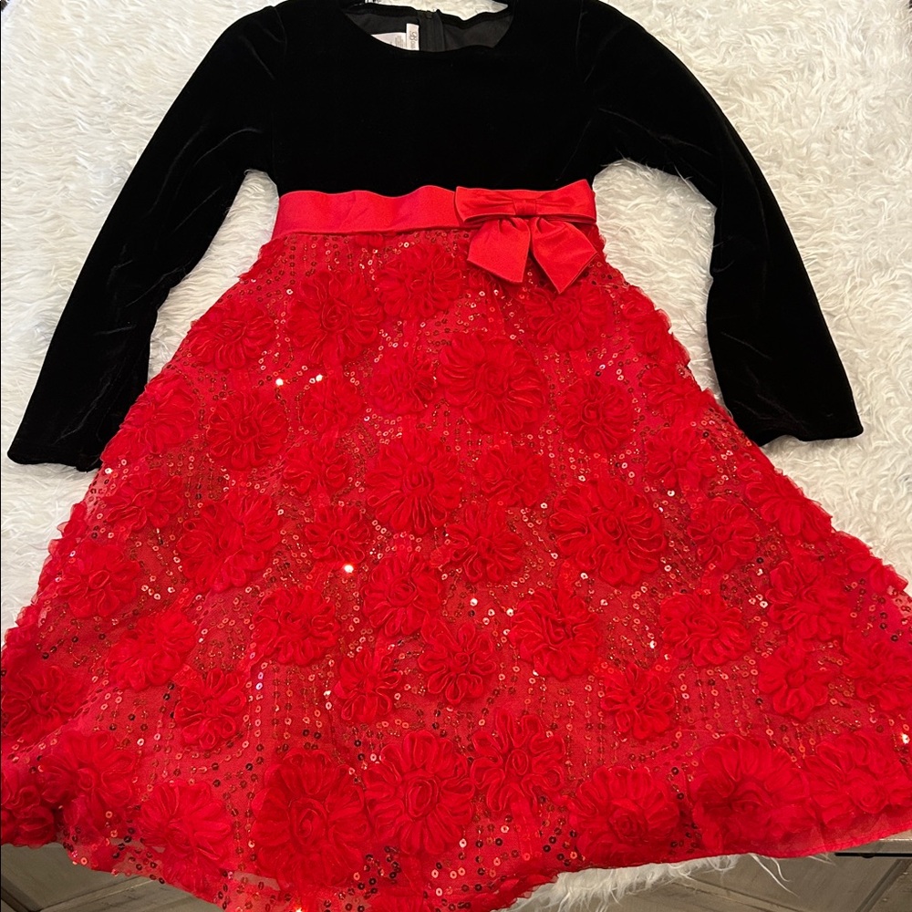 Bonnie Jean Dress Black Velvet Upper Red 3D Flowers Sequin Accents Size 16